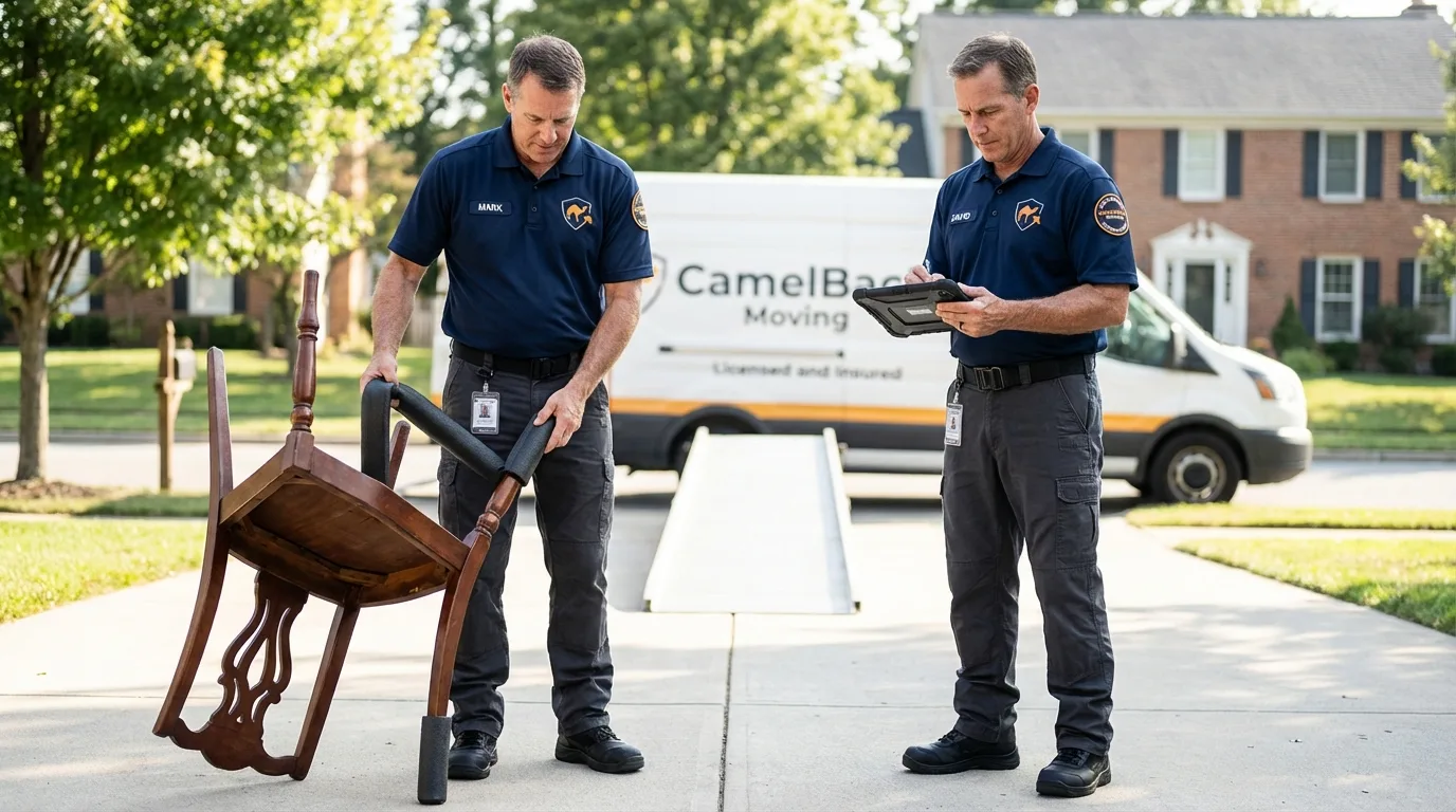 Movers inspecting furniture for damage prevention before loading in Erin, TN