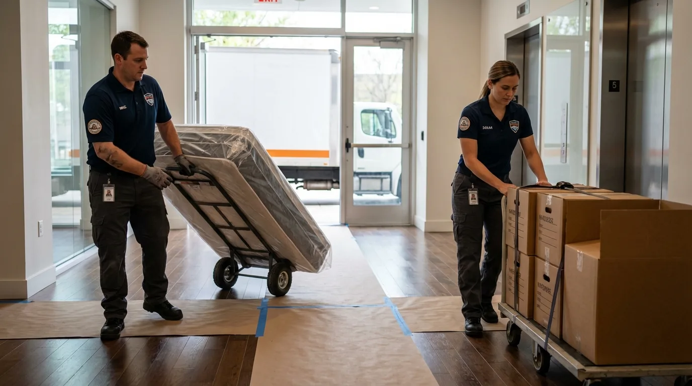 Professional apartment movers loading elevator in Erin, TN